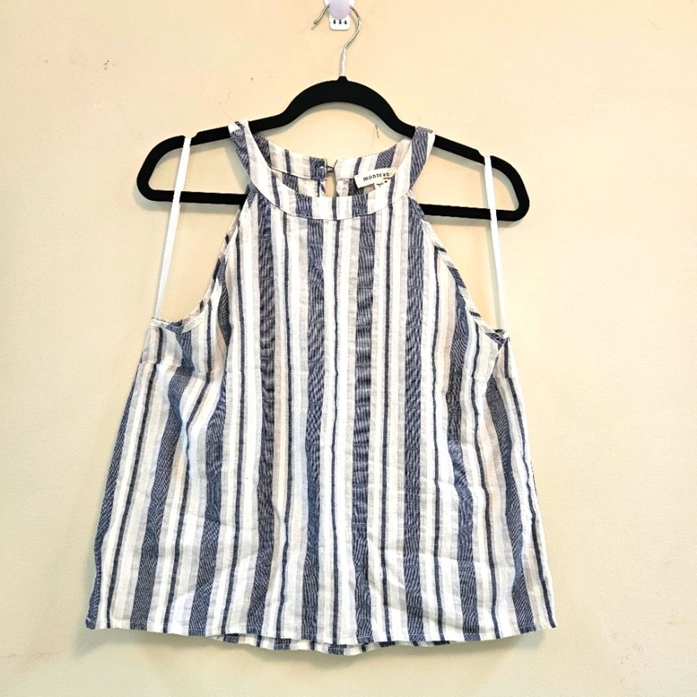 Monteau Los Angeles Top Women Sz L Blue White 100% Cotton Nautical Summer Beach